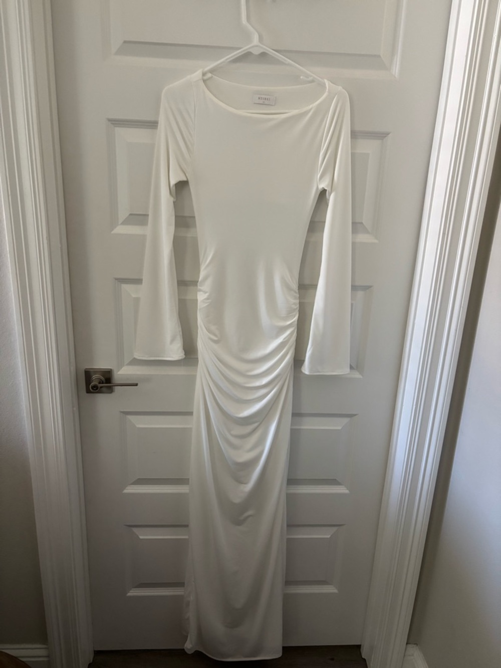 Meshki Ivory Ruched Maxi Dress with Bell Sleeves - Picture 3 of 4